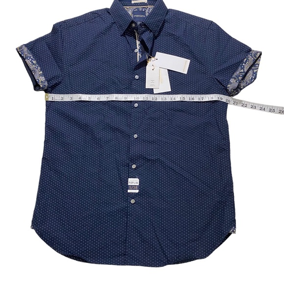 Denim & Flower Men Navy White Dots All Over Button-Front Shirt Sz Sm Poplin NWT - Picture 9 of 11